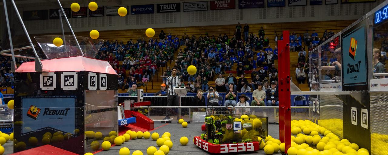 Audience watches robots compete at the 2026 GVSU West Michigan District Event